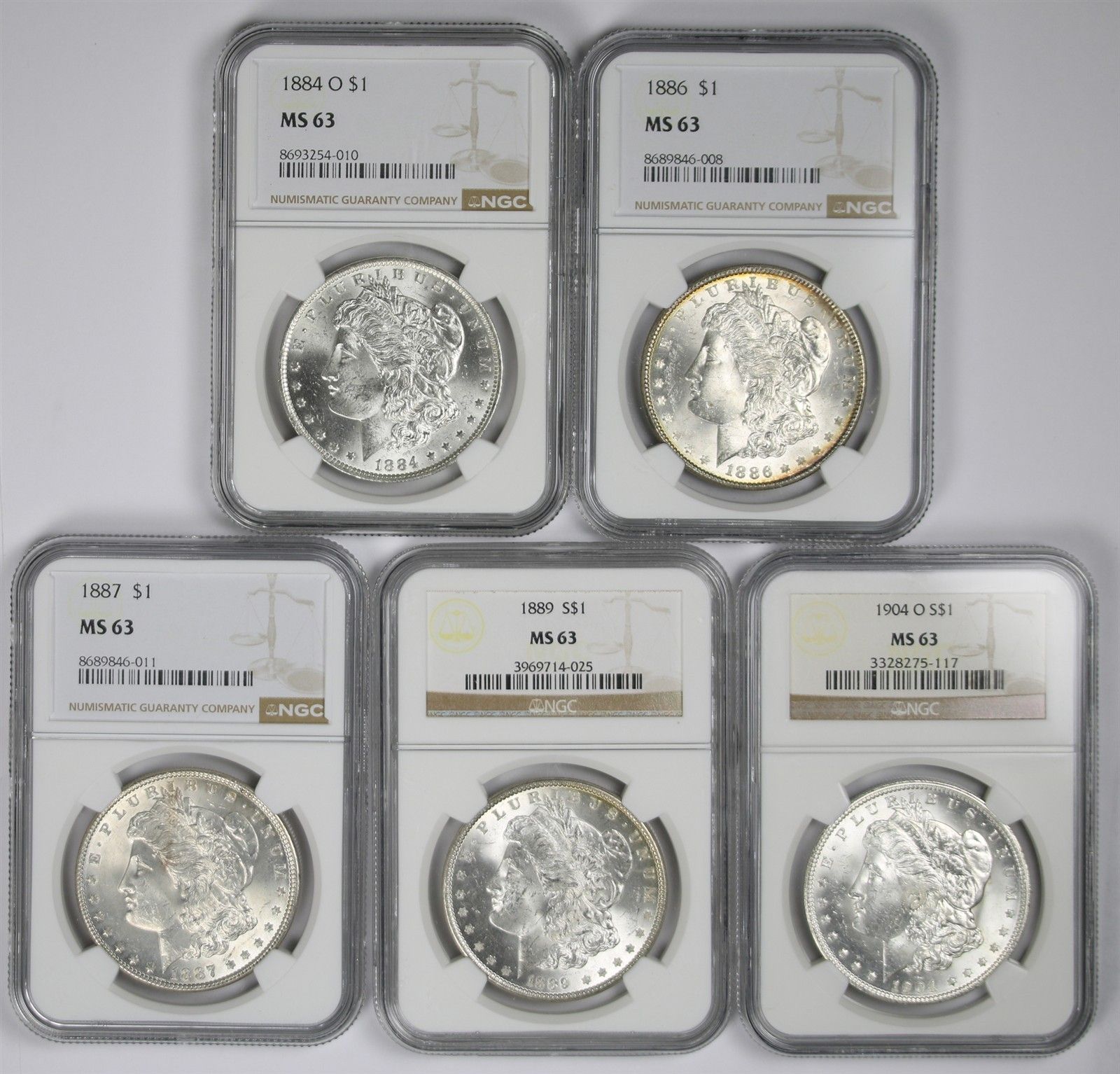 Lot 5 Morgan Silver Dollar $1 Mix Dates NGC MS 63 90% Silver 1884-1904 83,200円