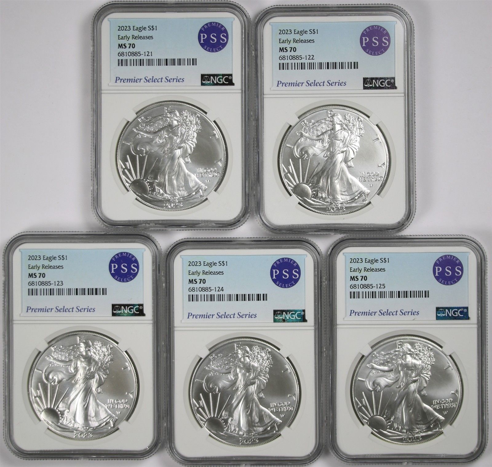 Lot 5 2023 Silver Eagle $1 NGC E/R MS 70 1 oz Silver Premier Select Series PSS