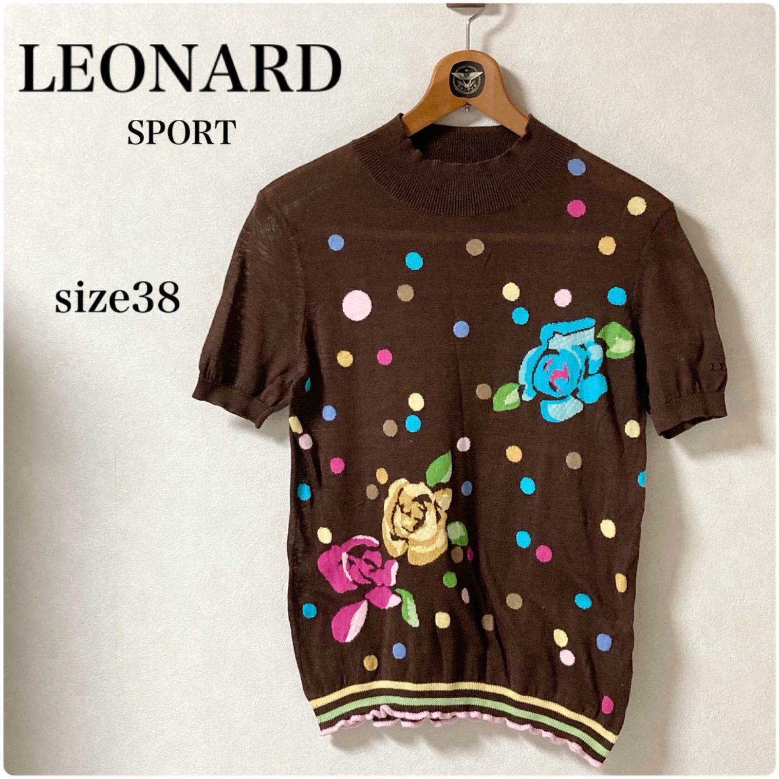 LEONARD SPORT レオナールスポーツ　サマーニット　ハイネック半袖セーター　size38(M) 花柄×水玉ドット　ブラウン×マルチカラー　日本製　レディース　春夏　高級　ラグジュアリー