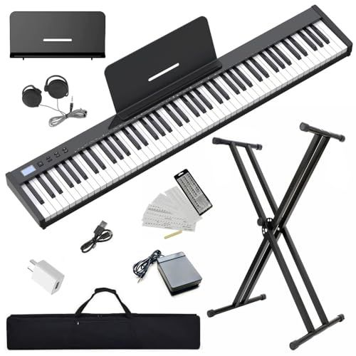 【新品】【ピアノスタンドセット】電子ピアノ 88鍵盤 SWAN-S 日本語表記 MIDI対応 コンパクト 軽量 スリムデザイン 充電型 初心者 スタンド ソフトケース ペダル 練習用イヤホン 鍵盤シール 日本語説明書付き 黒 36301f8c