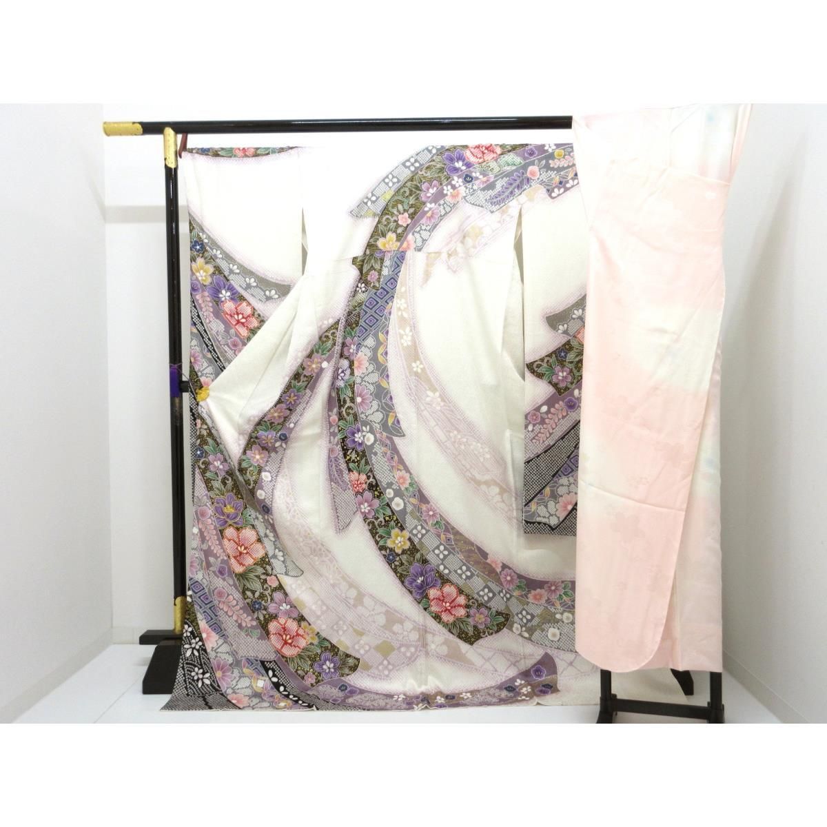 振袖 友禅金彩加工 刺繍入り きもの・長襦袢 2点セット 身幅L寸 