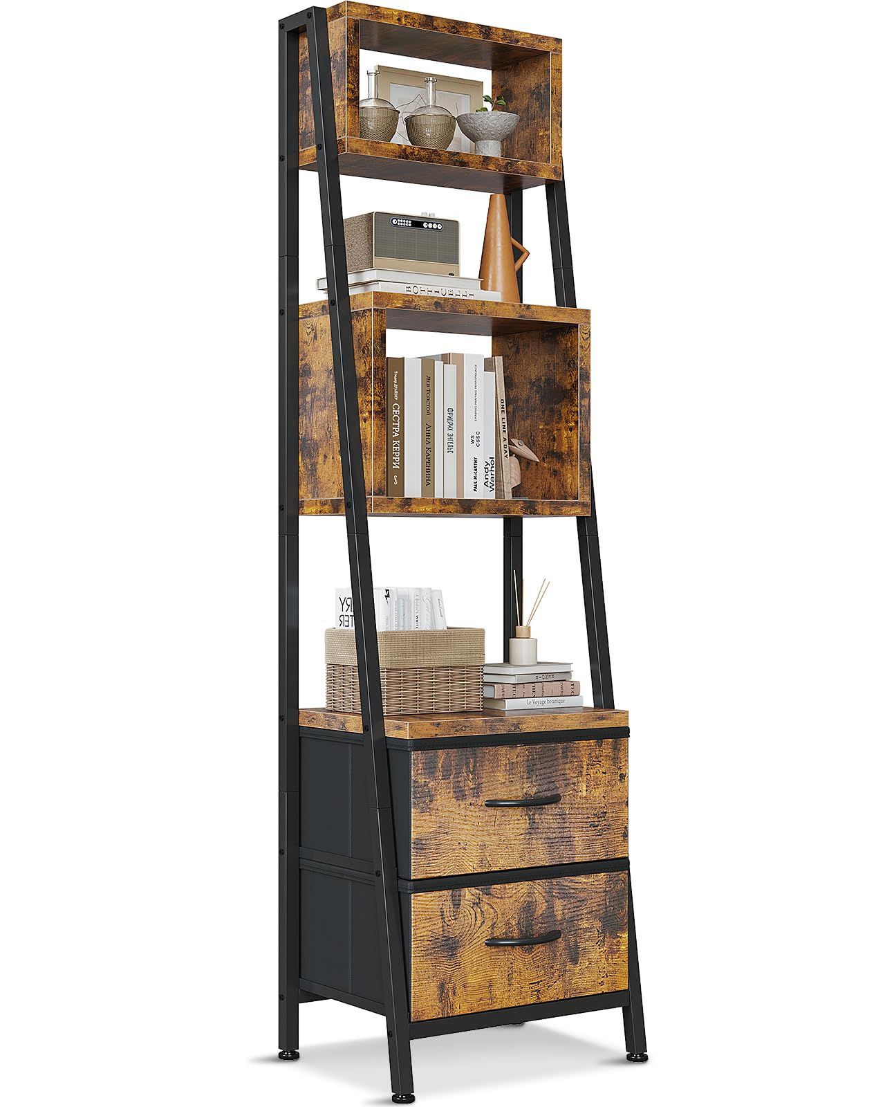 【新品】AODK オープンシェルフ 本棚 棚 収納ラック 幅40cm 隙間ラック リビング 収納 布製引き出し2杯付き スリム 木製 おしゃれ 組立簡単 ビンテージ