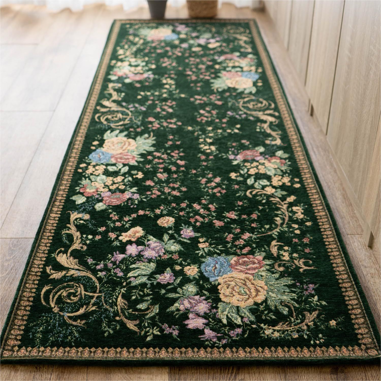 サヤンサヤン 洗える 花柄 キッチンマット 095 ゴブラン織 60x240 ダークグリーンmi