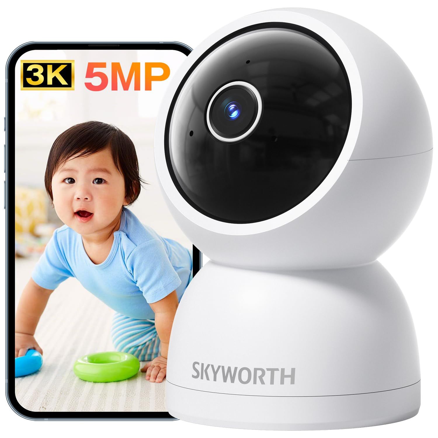 Skyworth ペットカメラ 防犯カメラ 室内【2026改良型・500万画素】見守りカメラ iphone対応 ベビーモニター スマホ連動 監視カメラ 録画機能付き ネットワークカメラ 双方向通話 ベビーカメラ ペット/高齢者 見守り 赤ちゃ 4c0bb871