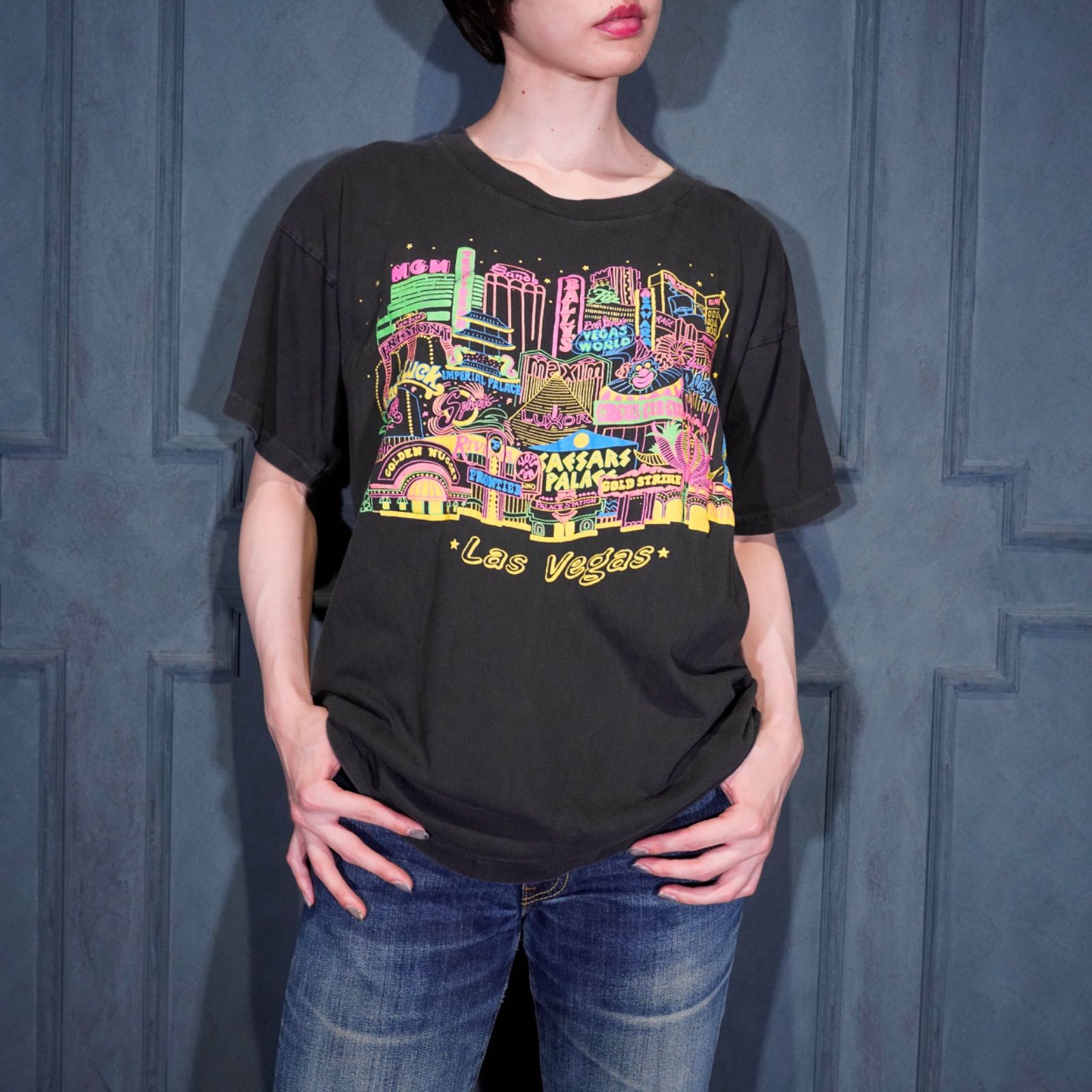 90's USA VINTAGE PRE SHRUNK Las Vegas NEON LIGHT PRINT DESIGN T SHIRT/90年代アメリカ古着ラスベガスネオンライトプリントデザインTシャツ