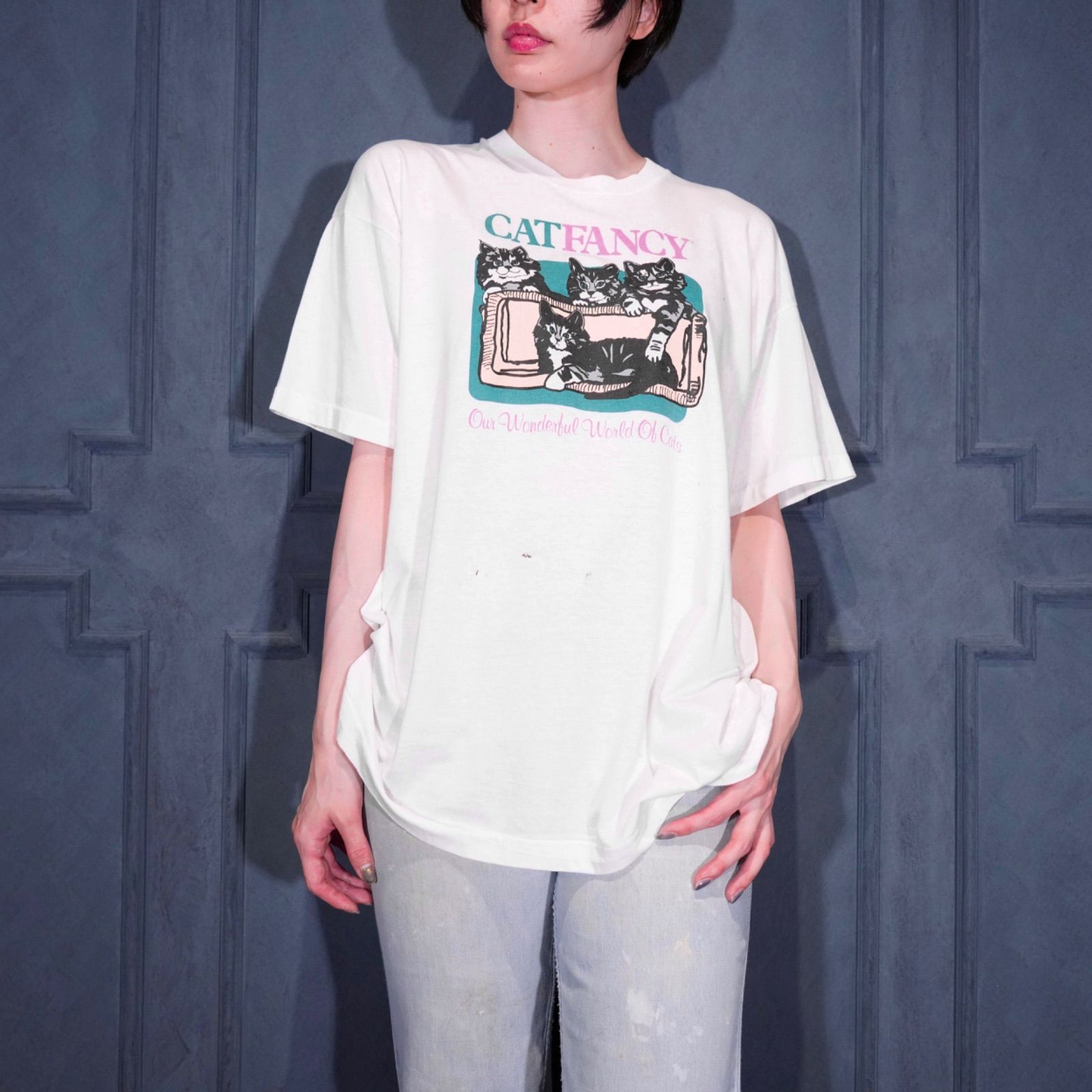 90's USA VINTAGE CAT FUNCY PRINT DESIGN T SHIRT/90年代アメリカ古着キャットファンシープリントデザインTシャツ