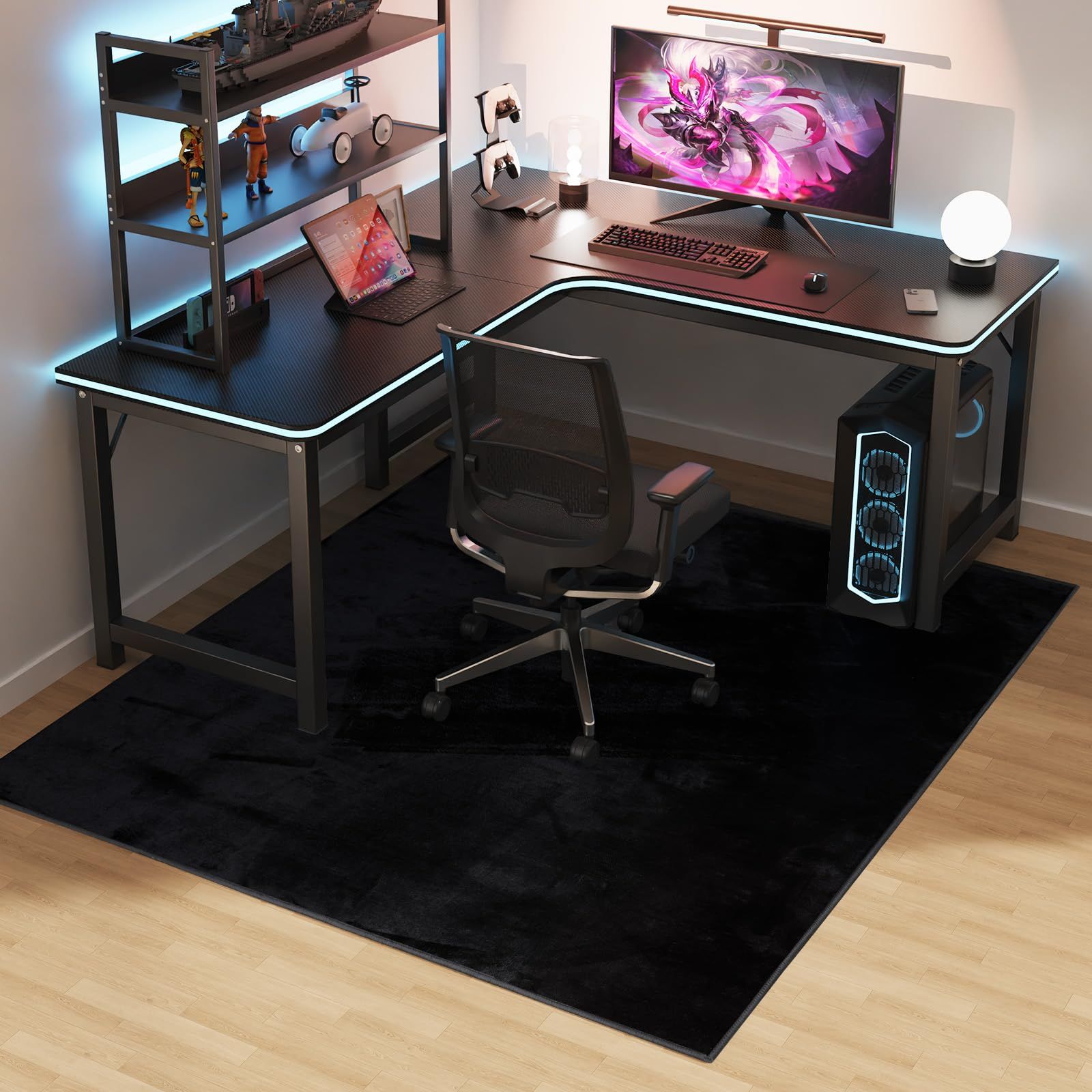 ゲーミングチェアマット フランネル素材 160×180cm デスクチェアマット 滑り止め加工 ゲーミングマット 短毛タイプ 厚さ4mm 防音 床保護 デスクカーペット フローリング 傷防止 床暖房OK 椅子も足元もスムーズ快適 ブラックｍａ 09151485