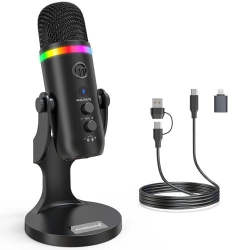 ZealSound USBマイク *Phone用マイク ノイズキャンセリング コンデンサーマイク タッチミュート、エコー、モニタリング、会議用 ゲーム 実況 タブレット RGBライト PC用 録音用 Pad、PC、ポッドキャスト、ストリーミン 313c2d60