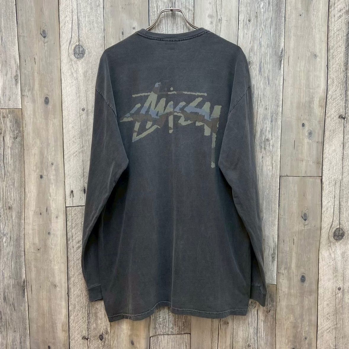 STUSSY stussy ステューシー フェード グレー 迷彩 camo カモフラ ロゴ プリント ポケット ロンT 長袖 Tシャツ メンズ XL サイズ