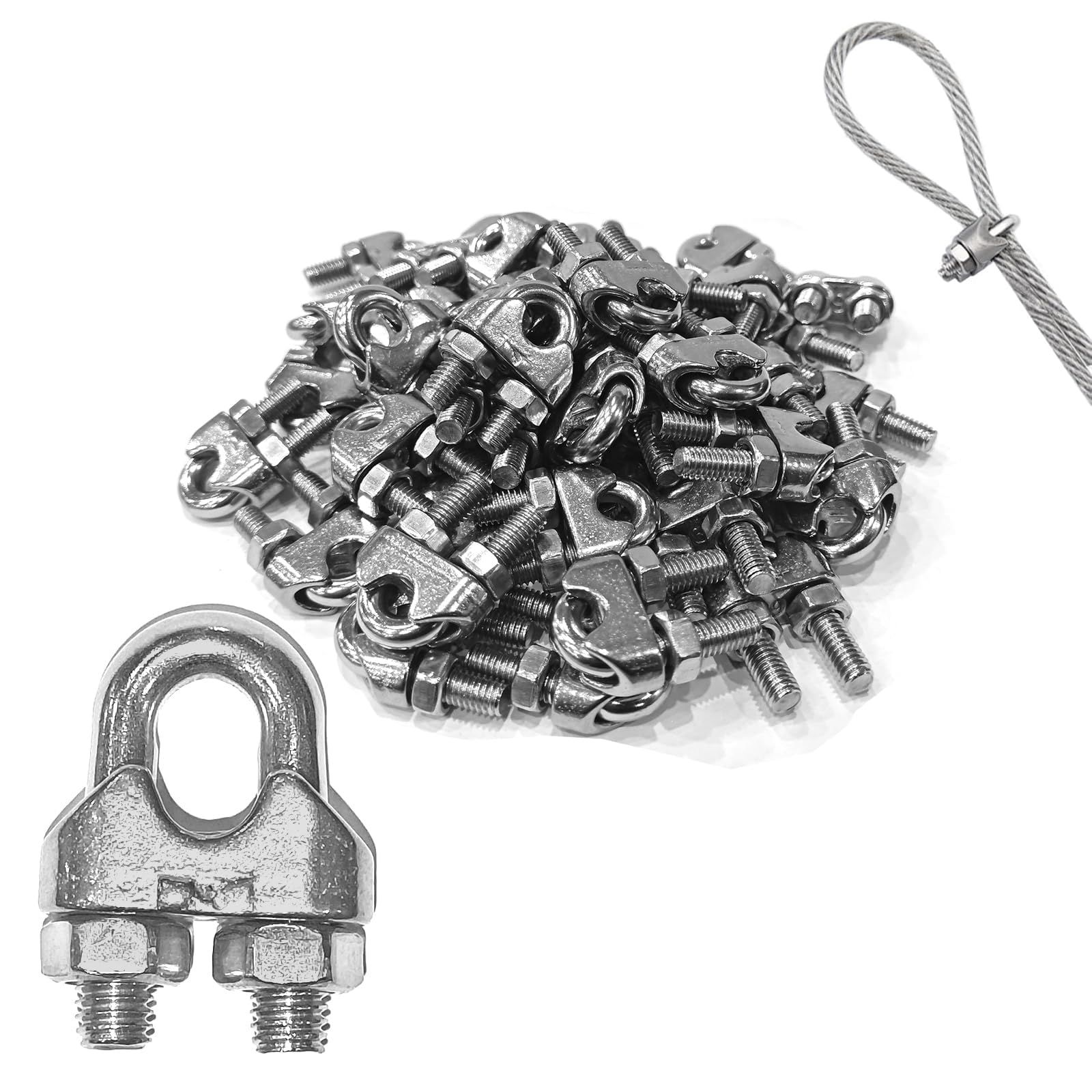 ワイヤークリップ5mm ワイヤーロープクリップ M5 ステンレス鋼 48個入り ケーブルクリップ ケーブル固定金具 ロープ止め金具 ワイヤー 固定 サドルクランプ ワイヤロープの端末加工に用 (M5, 個, 48)(沖縄・離島の方発送不可）) 94658601