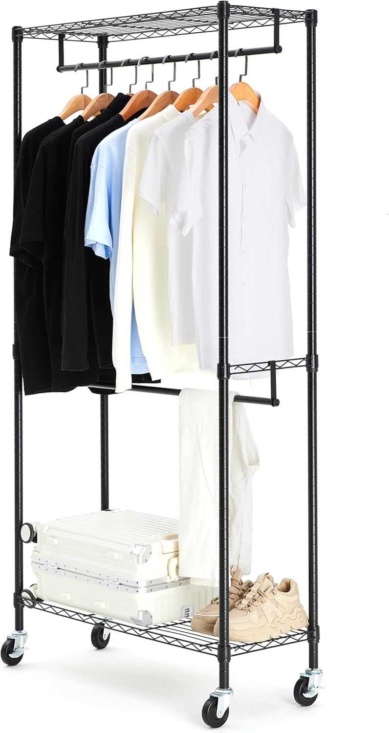 ベーシック ハンガーラック 2段 洋服ラック 耐荷重181kg 頑丈 キャスター付き 棚付き 耐荷重181kg, 幅91.4 x 奥行35.6 x 高さ182.9 cm, ブラック