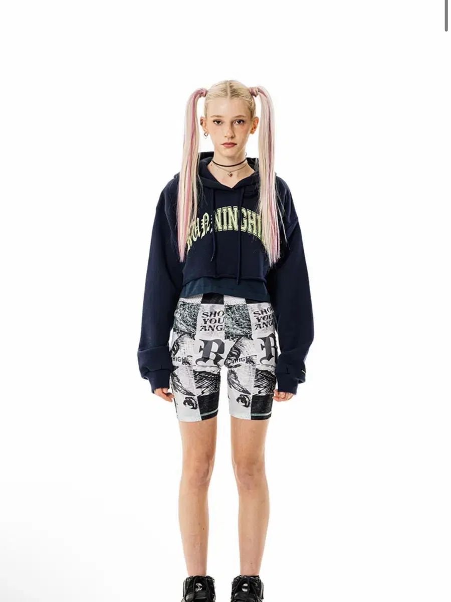 アーチロゴ レイヤード クロップド フーディー ネイビー ヴィンテージ Tシャツ