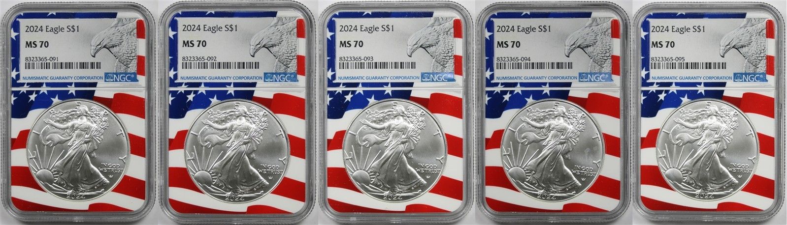 Lot of 5 2024 Silver Eagle $1 NGC MS70 Flag Core Eagle Label 1oz Silver