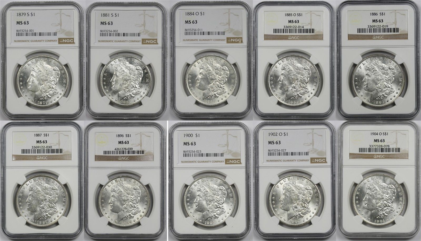Lot 10 Morgan Silver Dollar $1 Mix Dates NGC MS 63 90% Silver 1879-1904