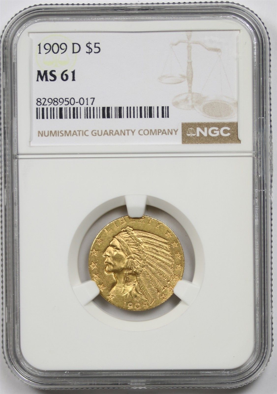 1909-D $5 NGC MS 61 Indian Head Gold Half Eagle