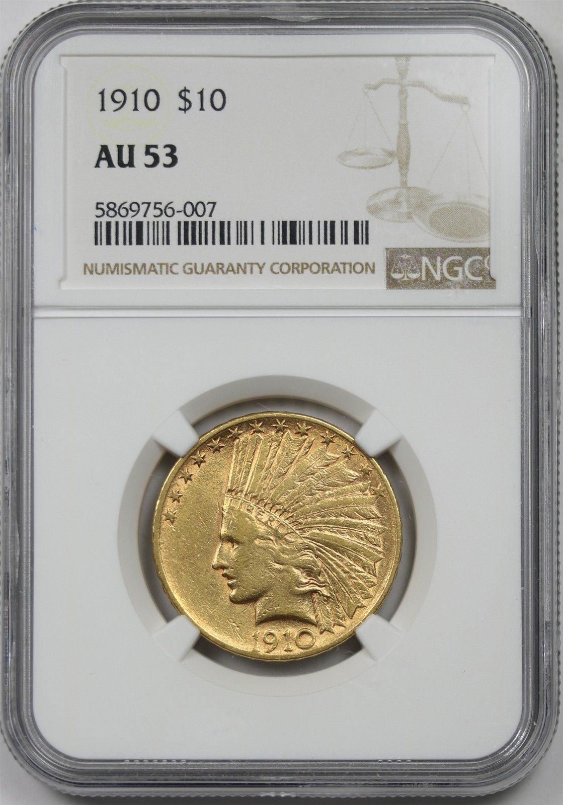 1910 $10 NGC AU 53 Indian Head Gold Eagle