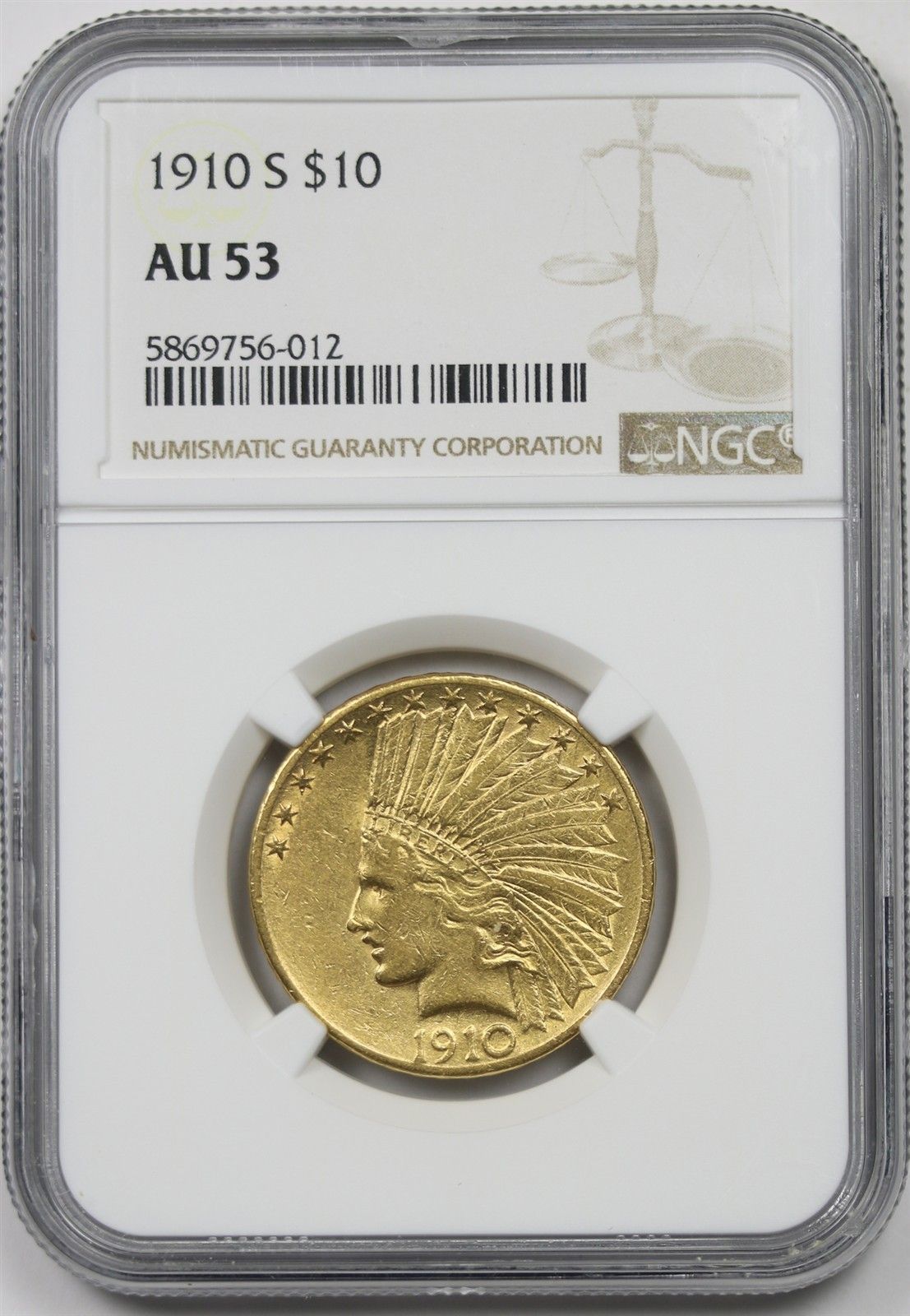 1910-S $10 NGC AU 53 Indian Head Gold Eagle