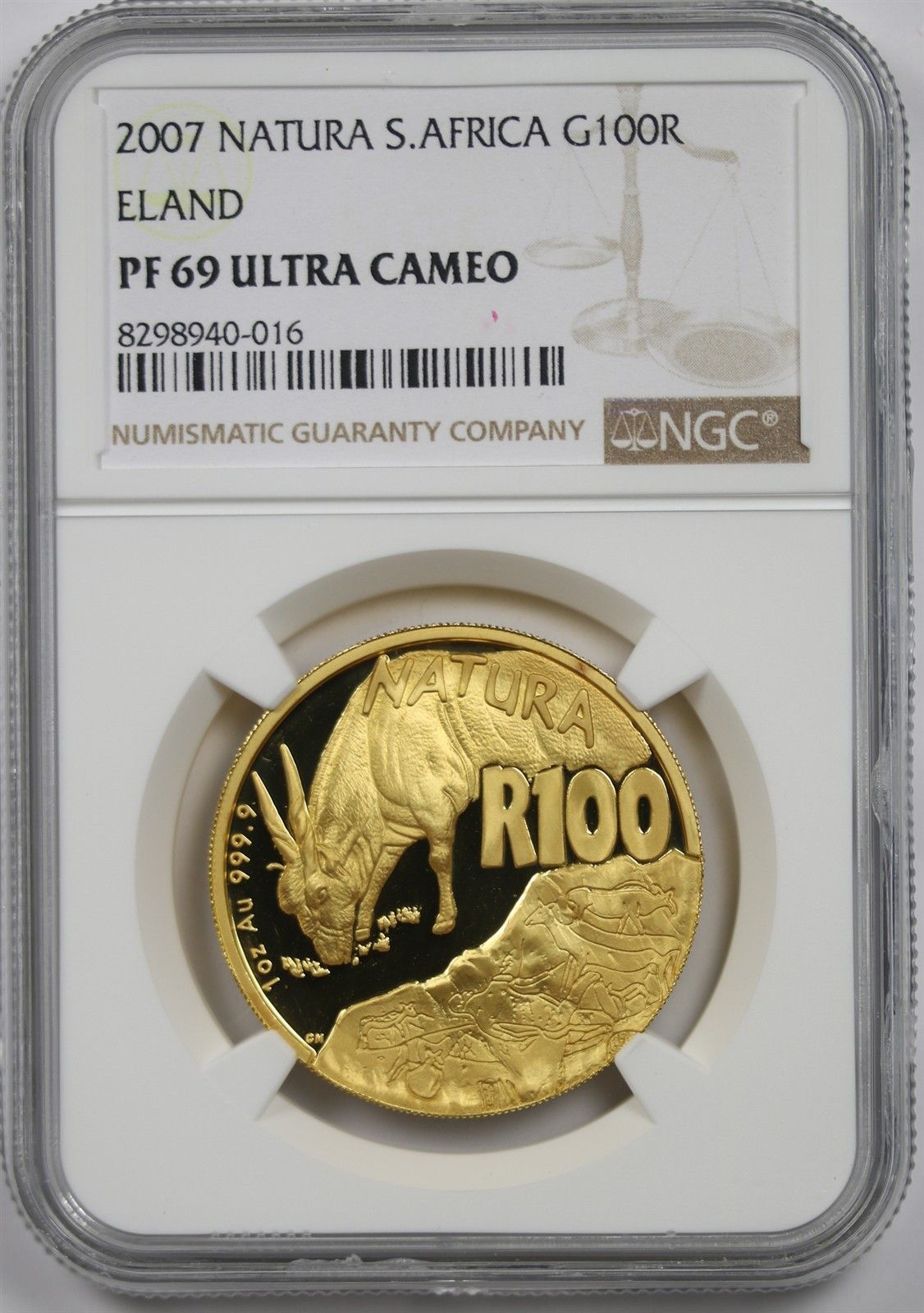 2007 Natura S. Africa G100R Eland NGC PF 69 Ultra Cameo Gold 100 Rand