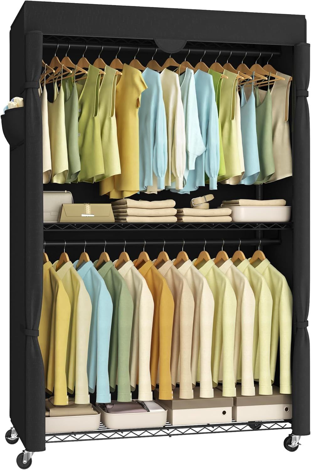 SONGMICS ハンガーラック 洋服かけスチールラック 2段式衣装ラック 幅110cm 幅広い 耐荷重162kg カバー付属 キャスター付き 簡単組立 ワードローブ ブラック LGR415B01