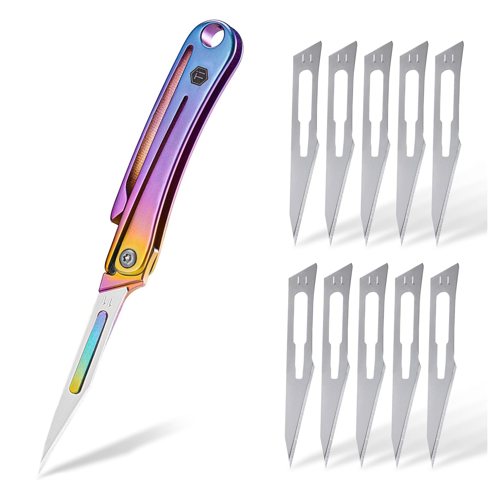 KeyUnity 折りたたみナイフ 替刃10枚付き KK07 ミニナイフ チタン合金 【全長103mm】アートナイフ クリップ付き 小型 軽量 細工用カッター 切り絵彫刻用 キーリング付き DIY手作り アウトドア/