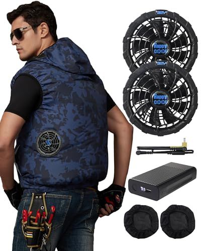 [happycool]【2025新登場&32V超高出力& 25000mAh大容量】空調作業服 高所作業に対応 ファンバッテリーセット 作業ベスト 超軽量 静音ファン 帽子付き 5段階風量調節 熱中症予防服 暑さ対策 USB充電 PSE認証済(ファンカバー付き/