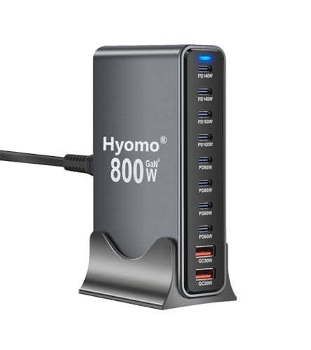 800W GaN充電器 10ポート【 GaNFast? 8 USB-C&2 USB-A 1.5m電源ケーブル】 単ポート140W *2 単ポート100W *2 10台同時急速充電 複数ノートPCに急速充電対応 MacBook Pro PD対応 iPad/iP/