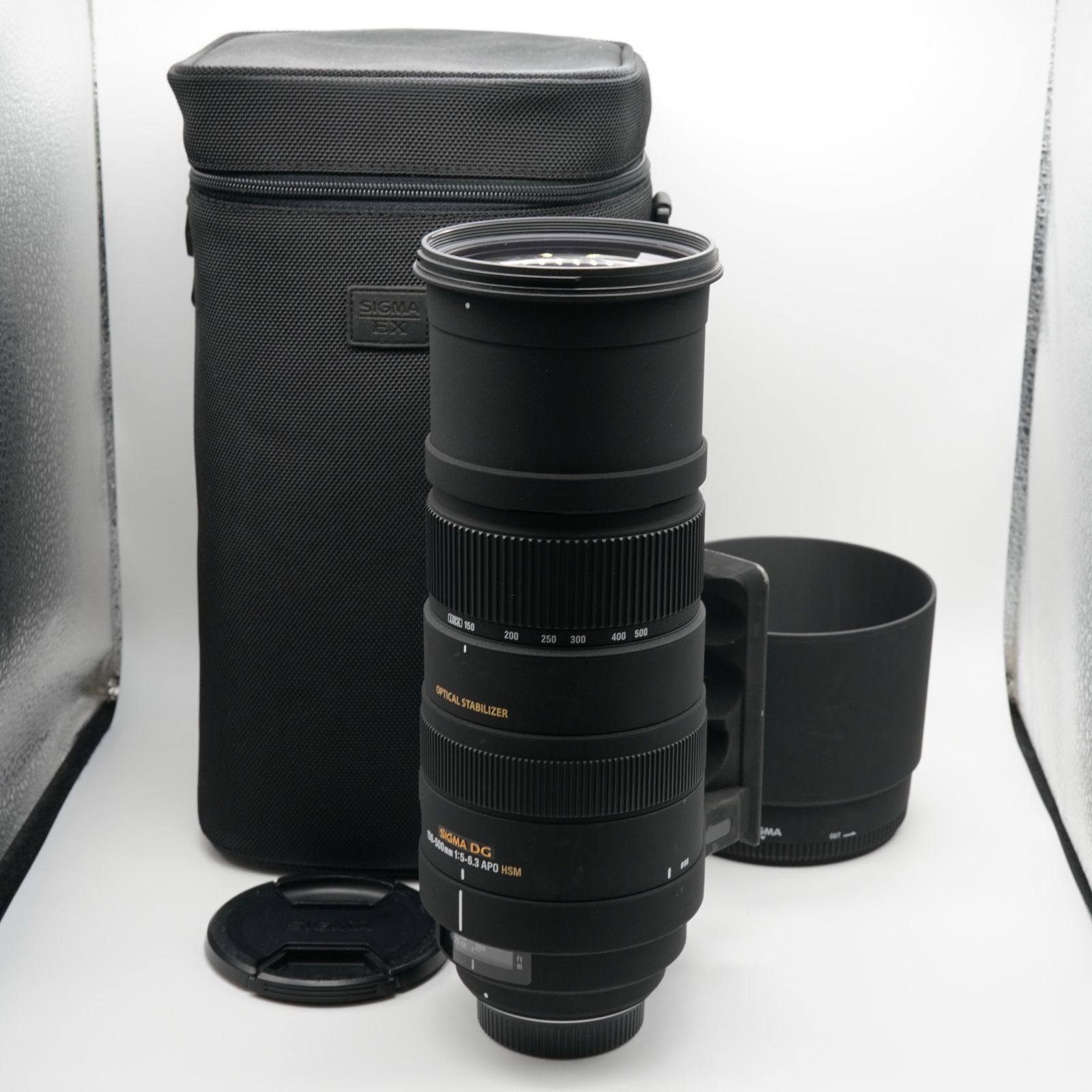良品 シグマ SIGMA APO 150-500mm F5-6.3 DG OS HSM ニコン用 あると嬉しい純正フード(スレキズあり)・ソフトケース付！