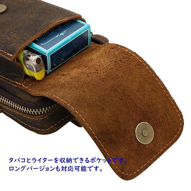 【新品】 XFSウエストポーチ メンズ 本革 レトロ スマホポーチ カラビナ付き スマホ対応 2室 携帯ポーチ タバコケース 煙草入れ ライター ジッポ たばこ シガレットケース ウエストバッグ ベルト鞄 牛革 ベルトバッグ 貴重品 小物入れ (草柄) 0