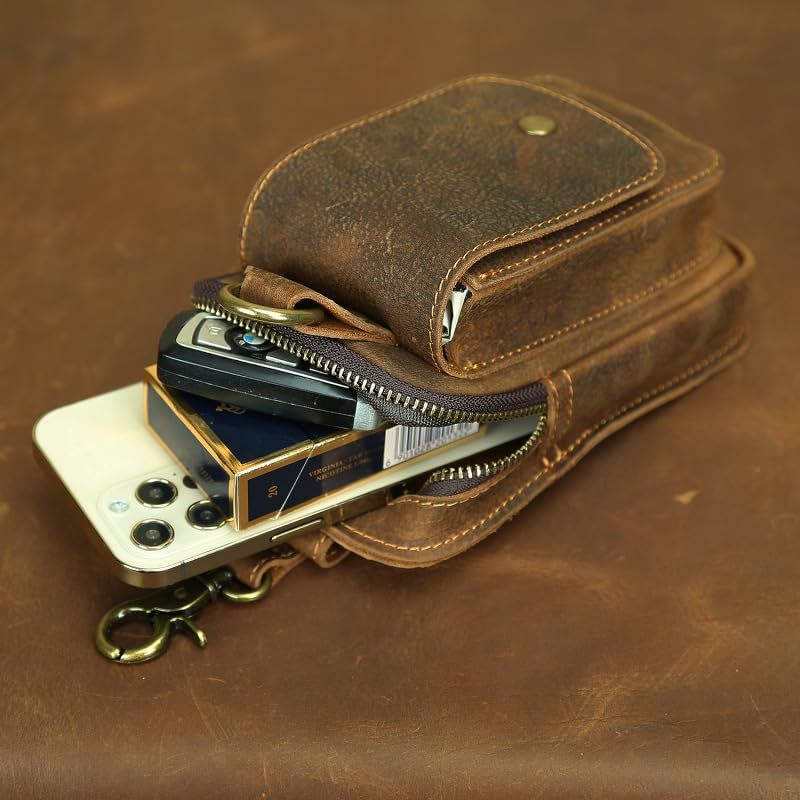 【新品】 XFSウエストポーチ メンズ 本革 レトロ スマホポーチ カラビナ付き スマホ対応 2室 携帯ポーチ タバコケース 煙草入れ ライター ジッポ たばこ シガレットケース ウエストバッグ ベルト鞄 牛革 ベルトバッグ 貴重品 小物入れ (草柄) 0
