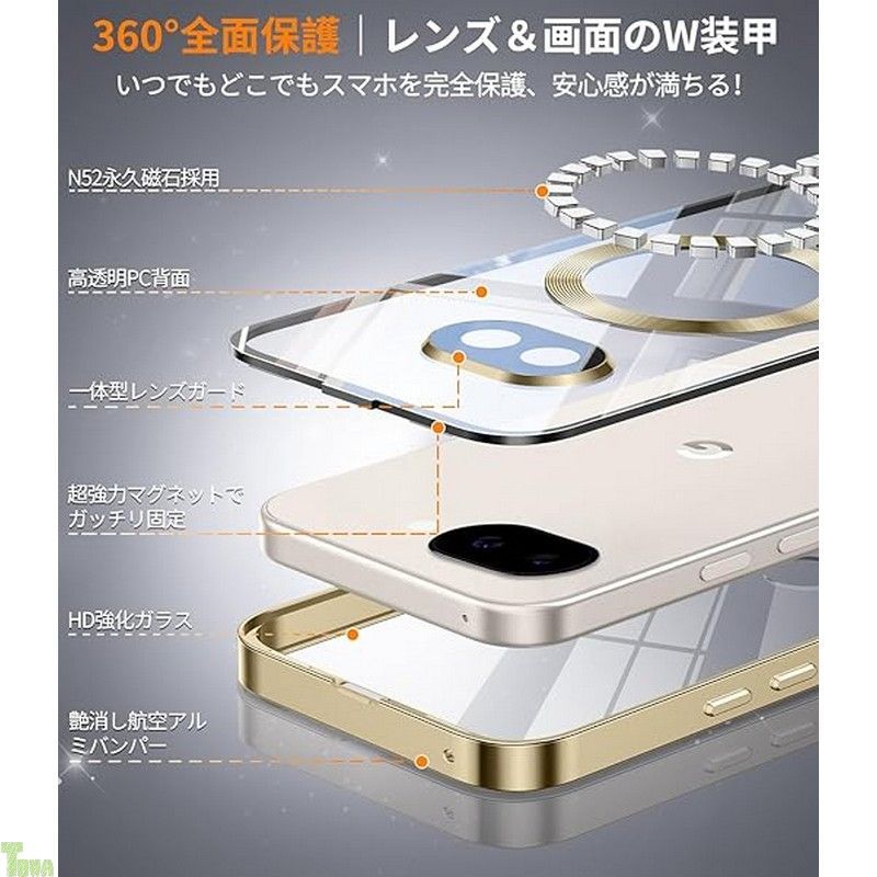 【自動スライドロック！360°全面保護】WTAIYUN Google Pixel 10a 用 ケース MagSafe対応 一体型レンズ保護 ワイヤレス充電対応 高感度タッチ ストラップホール付き 指紋認証対応 透明 黄変防止PC背面 指 (シャンパンゴールド)