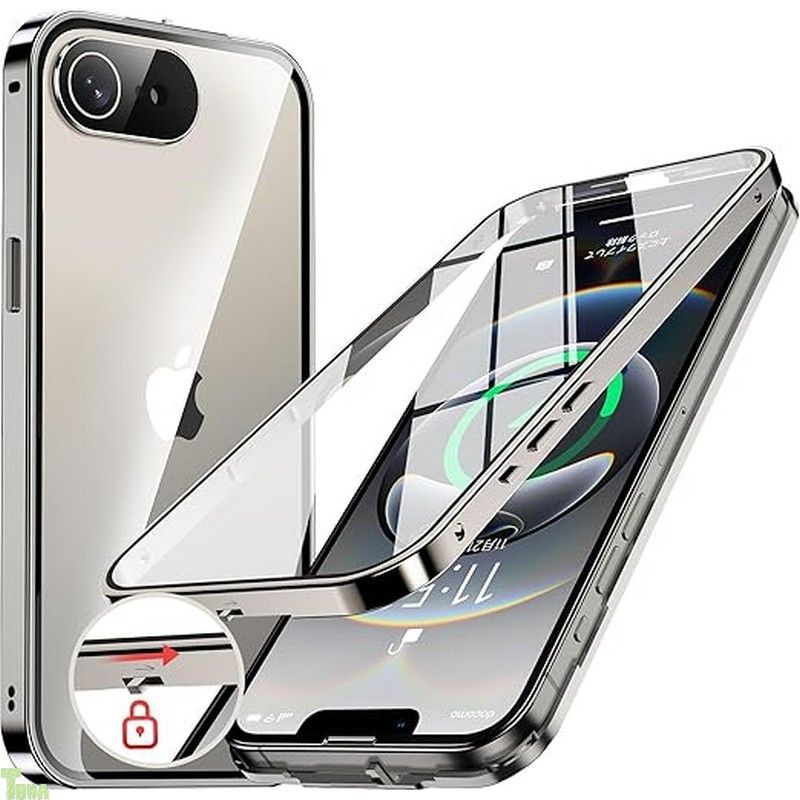 グレー NIANGUO【ロック機能付き・自動ポップアップボタン】 iPhone16e / iPhone17e 用 ケース クリア 【両面強化ガラス】 9H硬度 全面保護 アイフォン16e / アイフォン17e カバー アルミバンパー メタルフレ 6.1インチ
