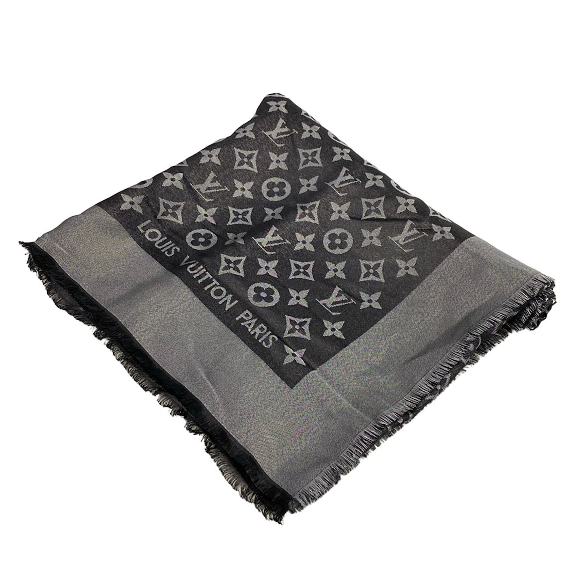 LOUIS VUITTON(ルイヴィトン) ストール(ショール)美品 ショールモノグラムシャイン M75123 ノワール ウール、シルク