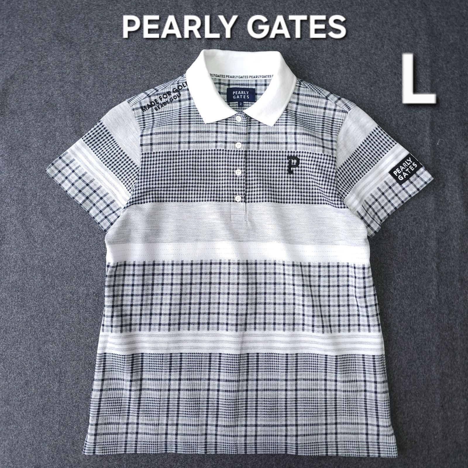 【?値下げ交渉受付中】美品 PEARLY GATES 近年 半袖 ゴルフ ポロシャツ レディース 2 L ライトグレー チェック柄 速乾 パーリーゲイツ
