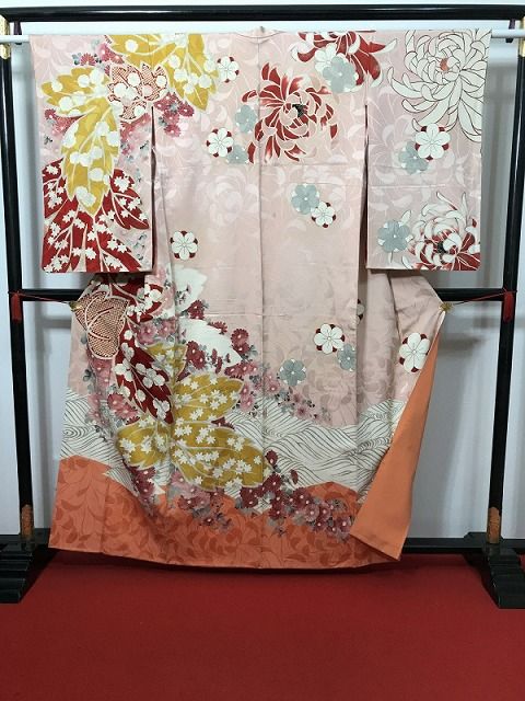 【中古】Sサイズ 付け下げ 正絹 ピンク地に枝花模様 アンティーク