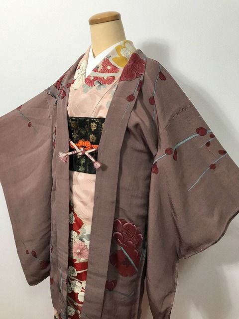 【中古】Sサイズ 羽織 正絹 遠州茶地に梅模様