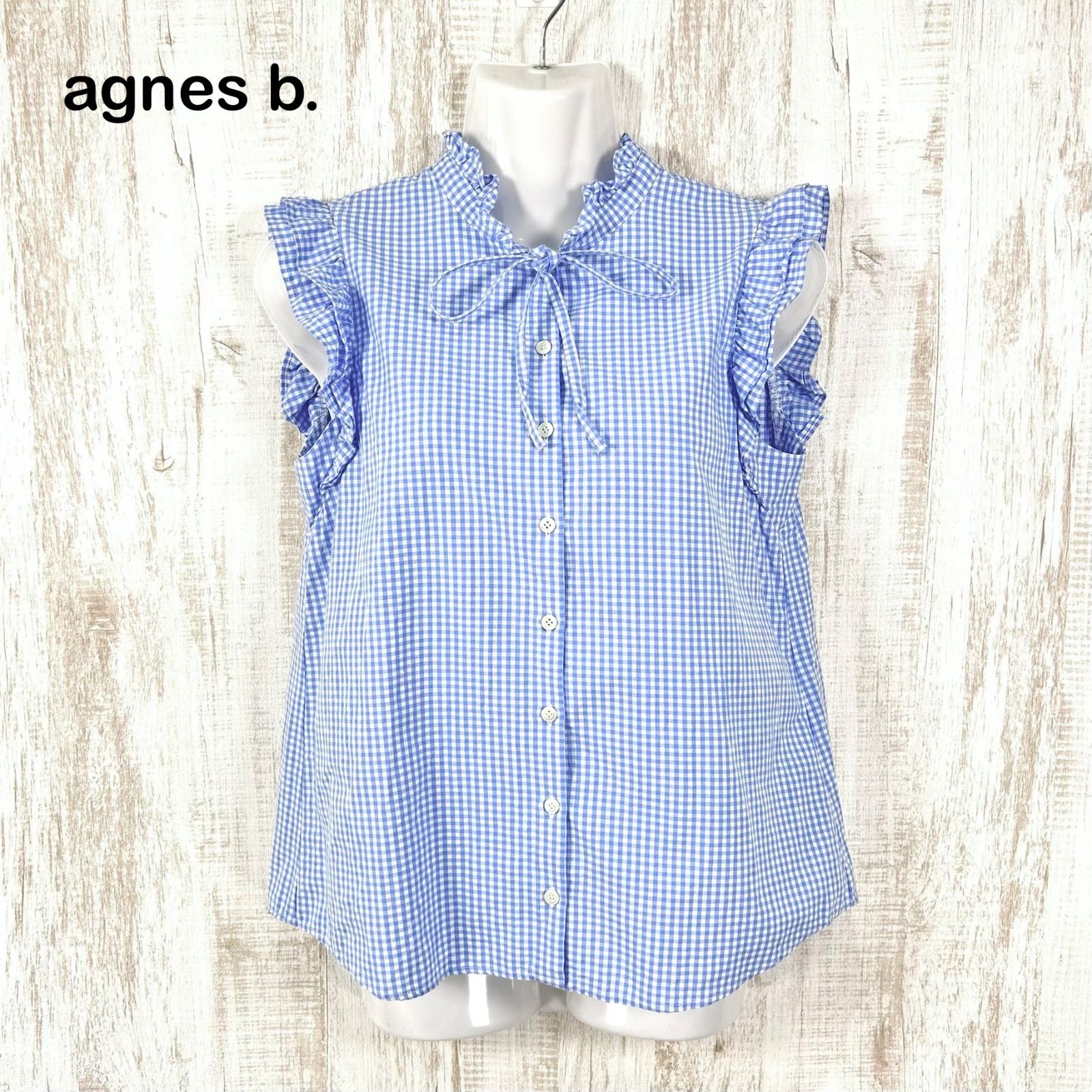 美品 To b. by agnes b. トゥービーバイアニエスベー ギンガムチェック リボン フリルスリーブ ブラウス ブルー レディース ノースリーブ トップス 4,200円
