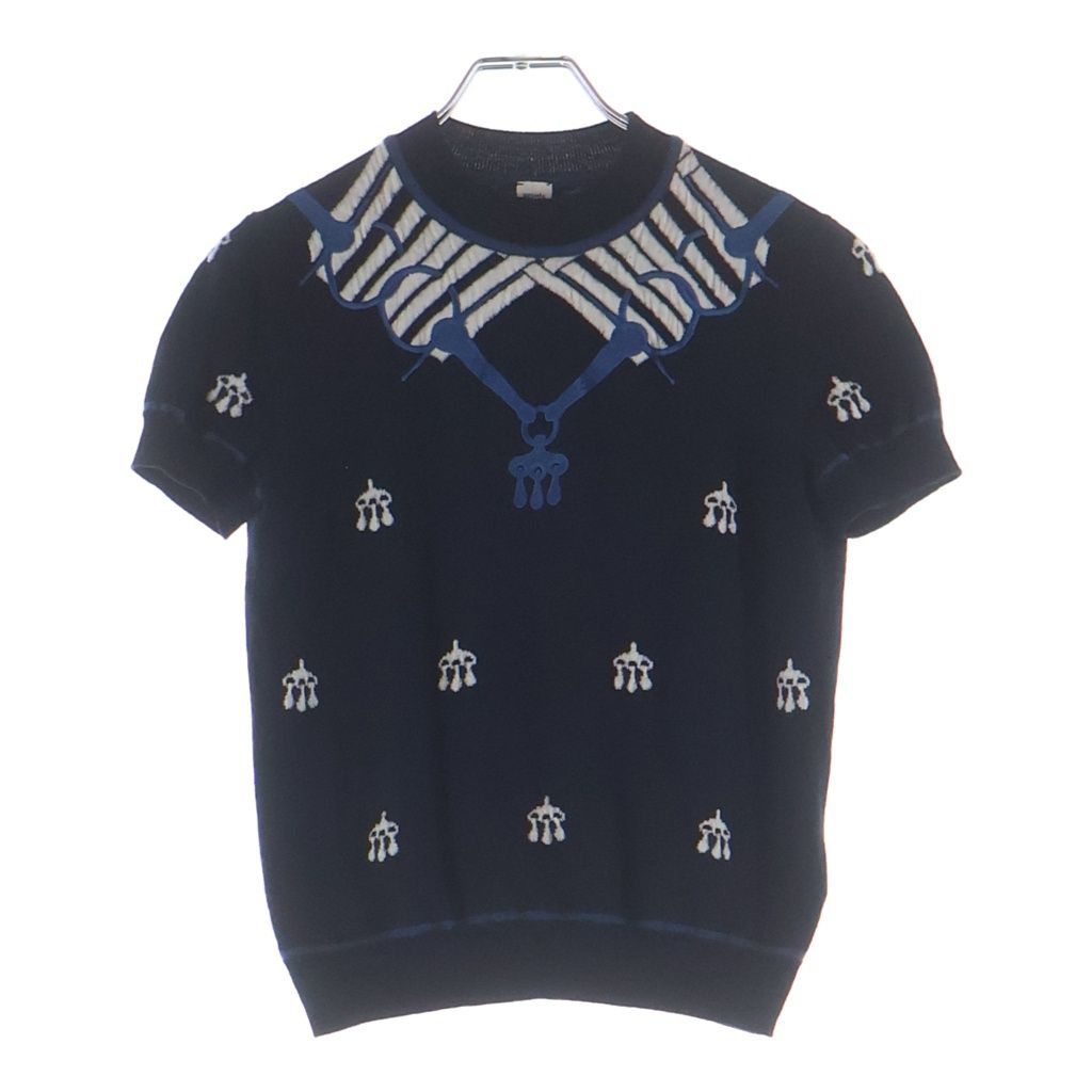 HERMES (エルメス) 24AW 馬具刺繍 ジャガード 半袖ニット セーター ネイビー レディース 4H2645DD