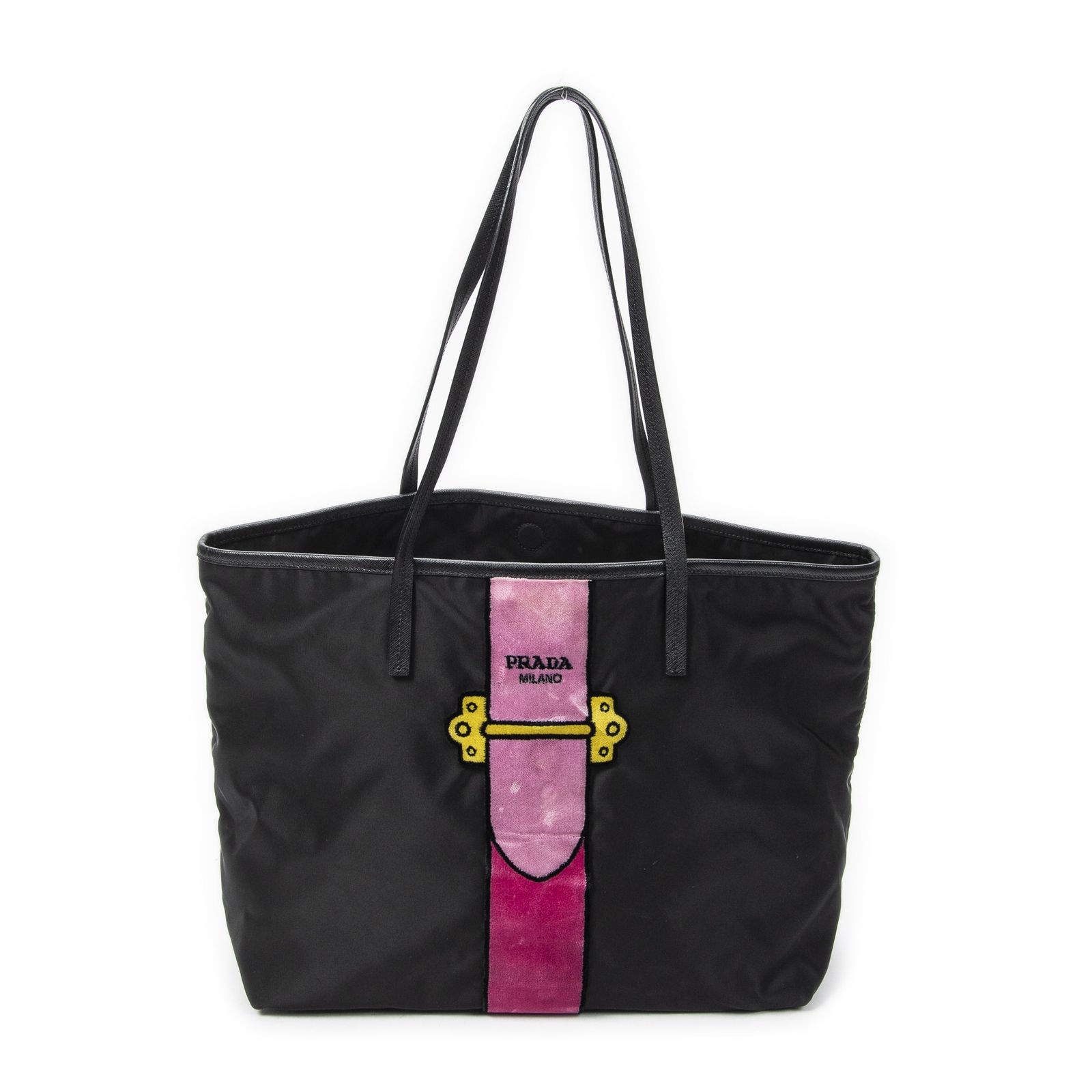 [中古] PRADA プラダリカーモ トロンプ・ルイユ トート黒ナイロンキャンバスA