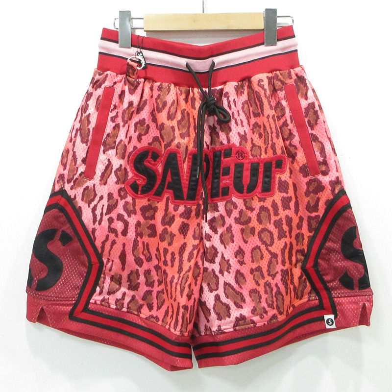 【三重本店】 中古 SAPEur | サプール BASKET SHORTS LEOPARD バスケットショーツ レオパード柄ロゴショートパンツ 総柄 アニマル柄 A0023-336 レッド サイズ：M 【107】