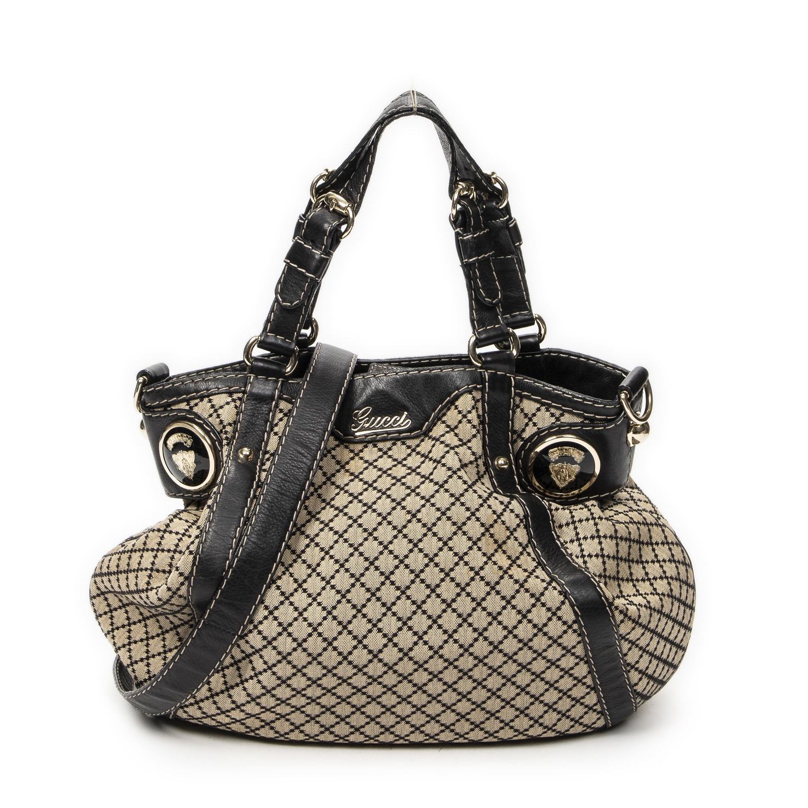 [中古] GUCCI グッチクレスト ブーレ トートブラック/ベージュディアマンテキャンバスA