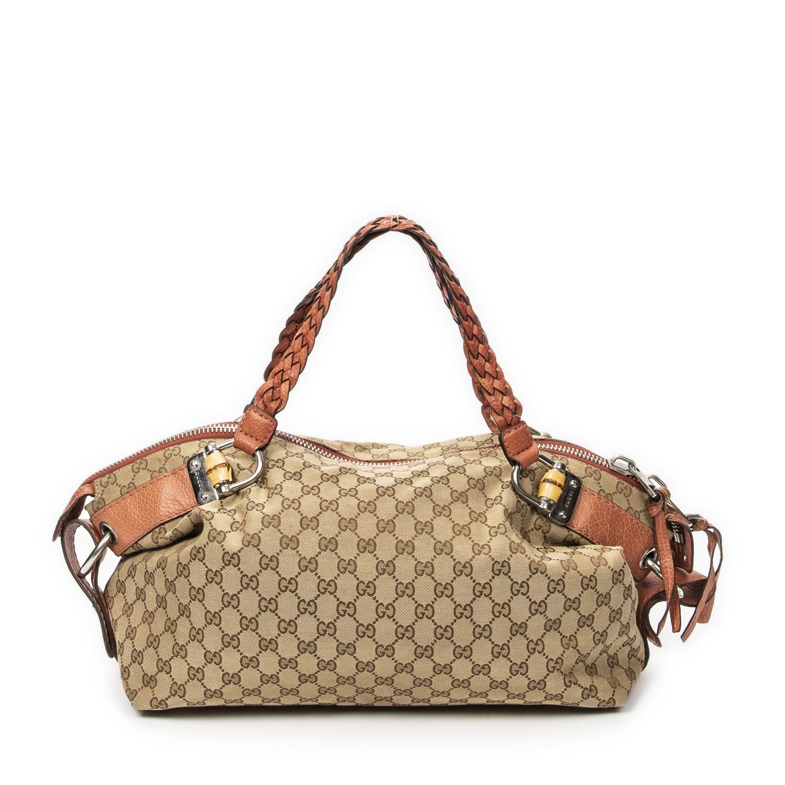 [中古] GUCCI グッチ大型バンブーバーボストンピンク/ベージュGGキャンバスA