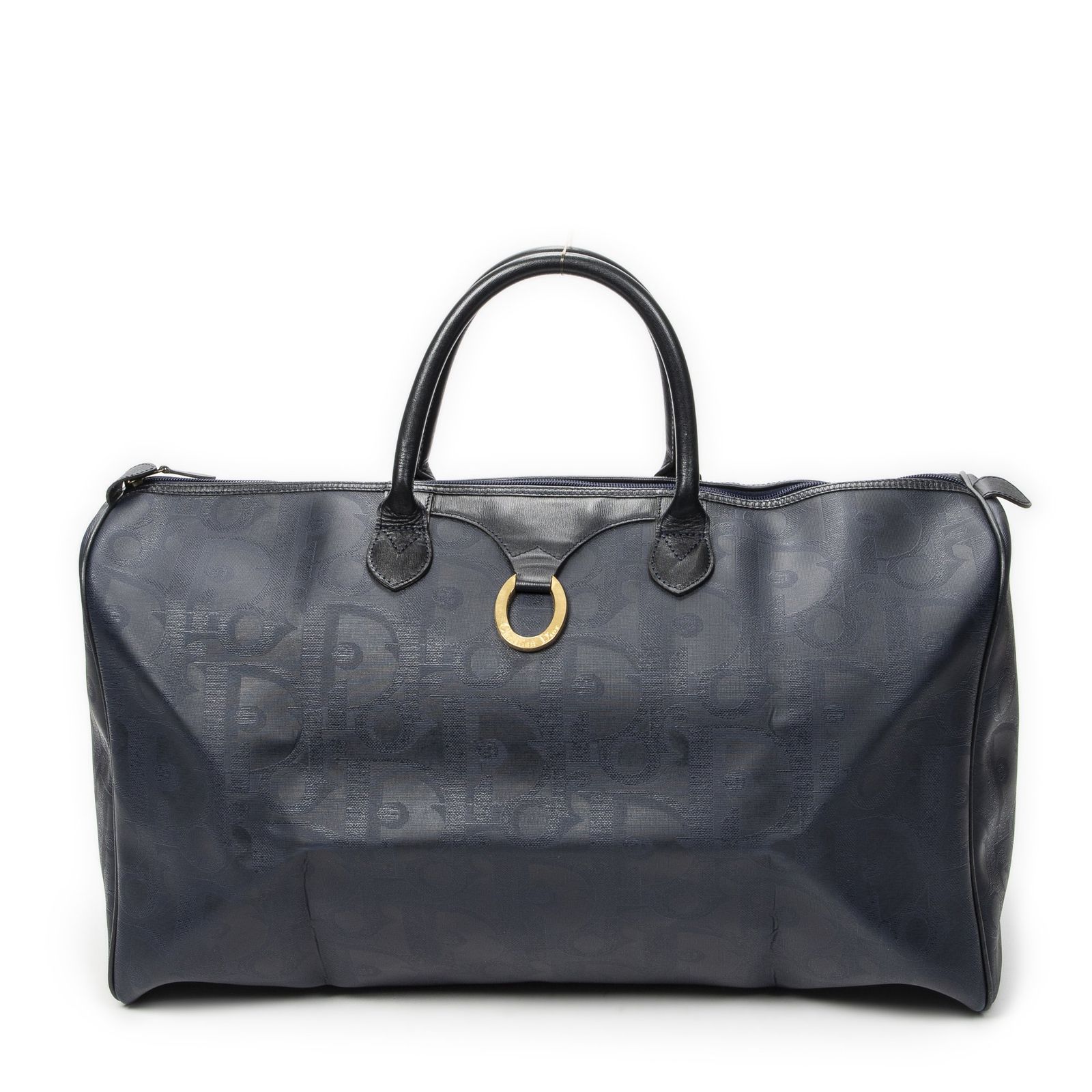 [中古] DIOR ディオールヴィンテージ ラージ トラベル ボストンネイビーマキシ トロッター柄 PVCキャンバスA
