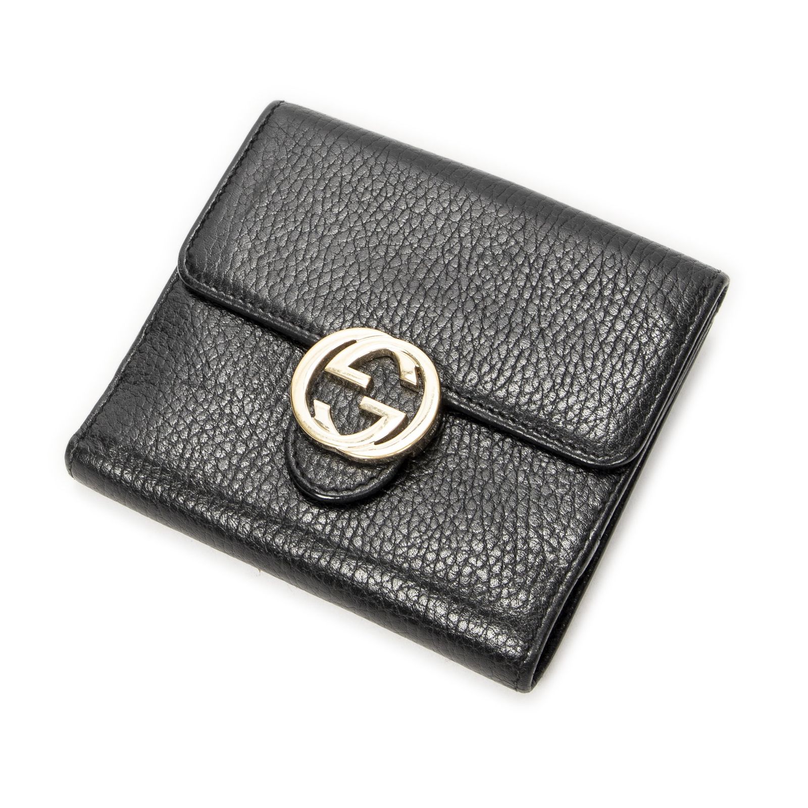[中古] GUCCI グッチインターロッキングG コンパクト フレンチ ウォレット黒グレインカーフスキンレザーA
