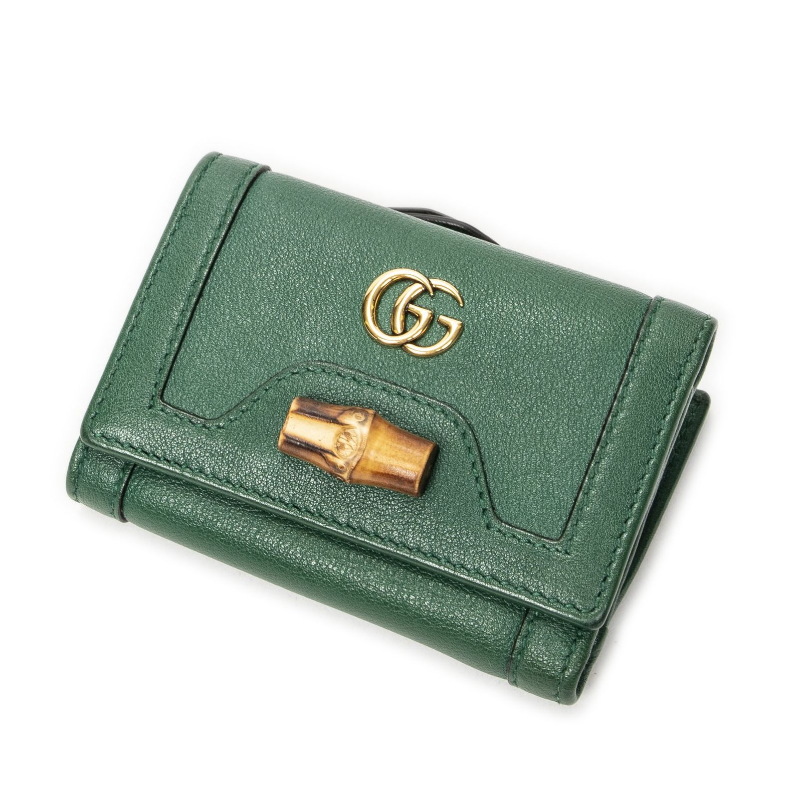 [中古] GUCCI グッチGG Diana Bamboo 三つ折り財布緑カーフスキンレザーA