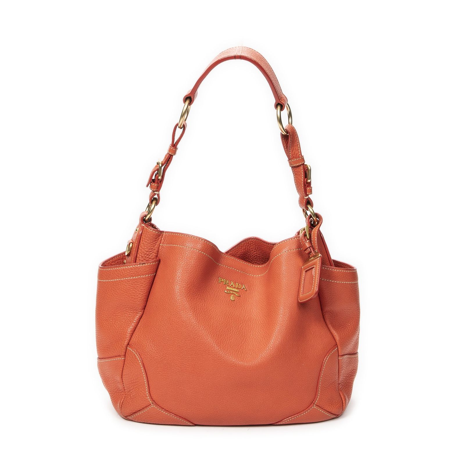 [中古] PRADA プラダサイドポケット付きリングホーボーオレンジヴィテロ ダイノA