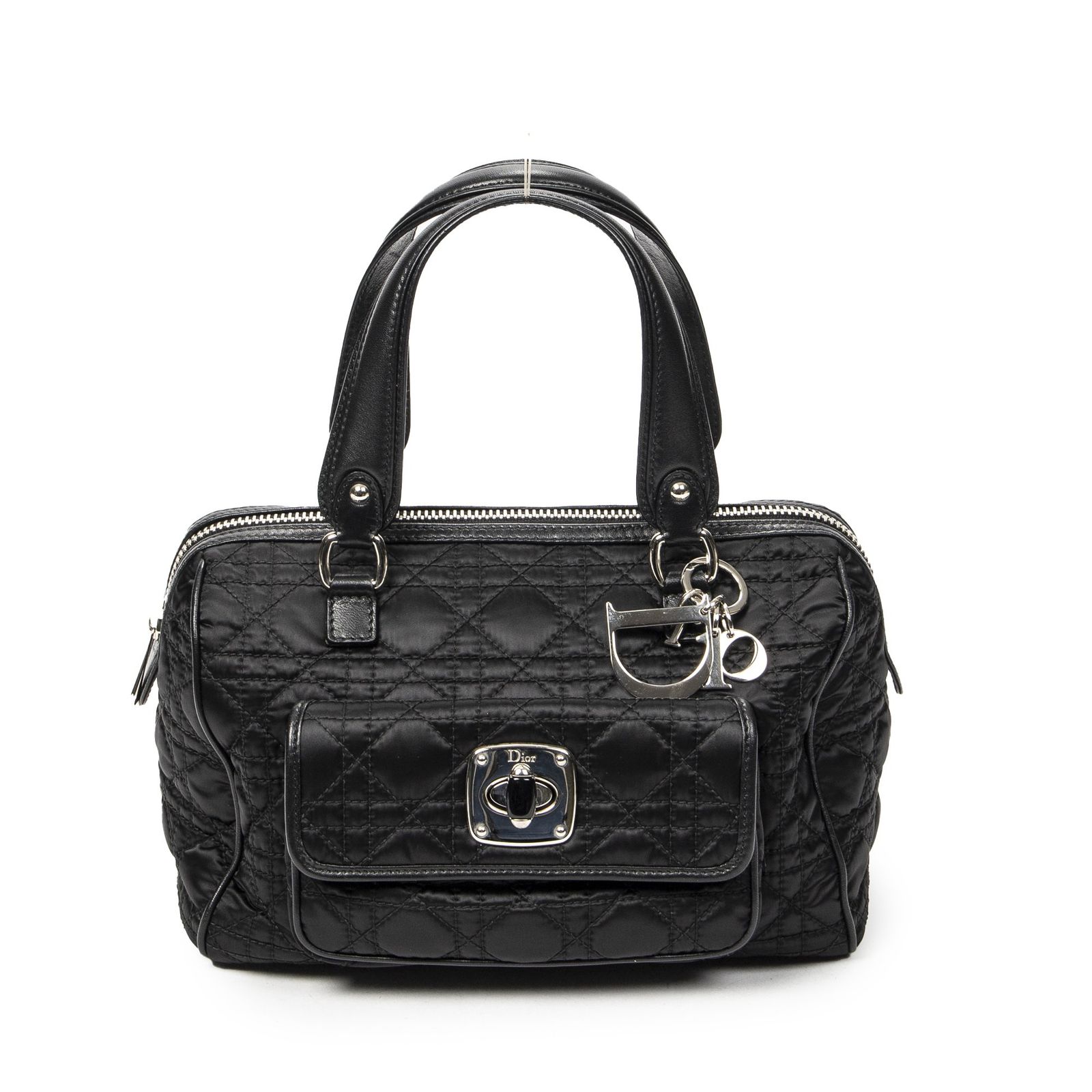 [中古] DIOR ディオールスモール チャーミング ボストンバッグ黒カナージュナイロンキャンバスA