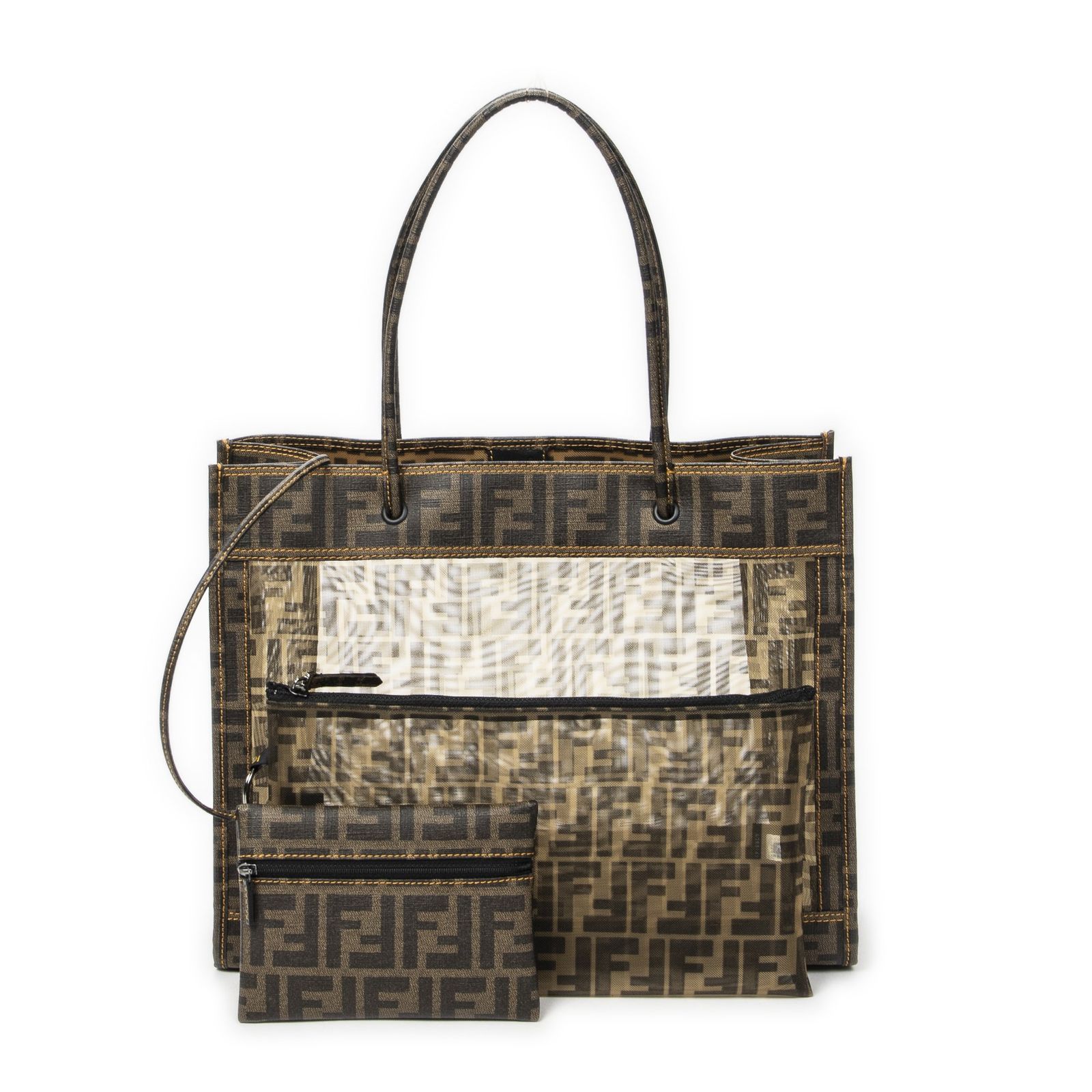 [中古] FENDI フェンディメッシュ 1974 FF トート茶色Zucca メッシュ グレイズドキャンバスA