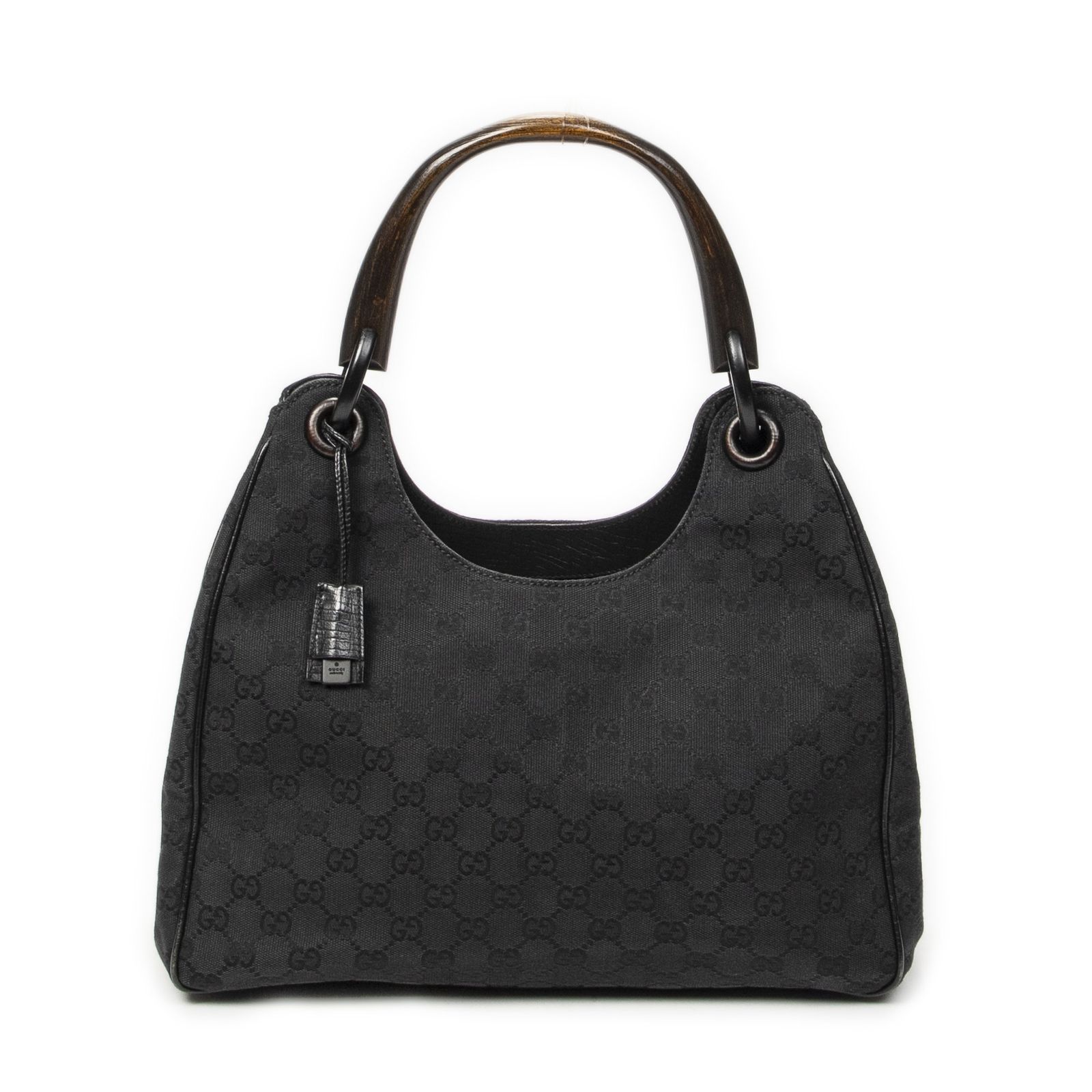 [中古] GUCCI グッチ木製ハンドル コルベール ホーボバッグ黒GGキャンバスA