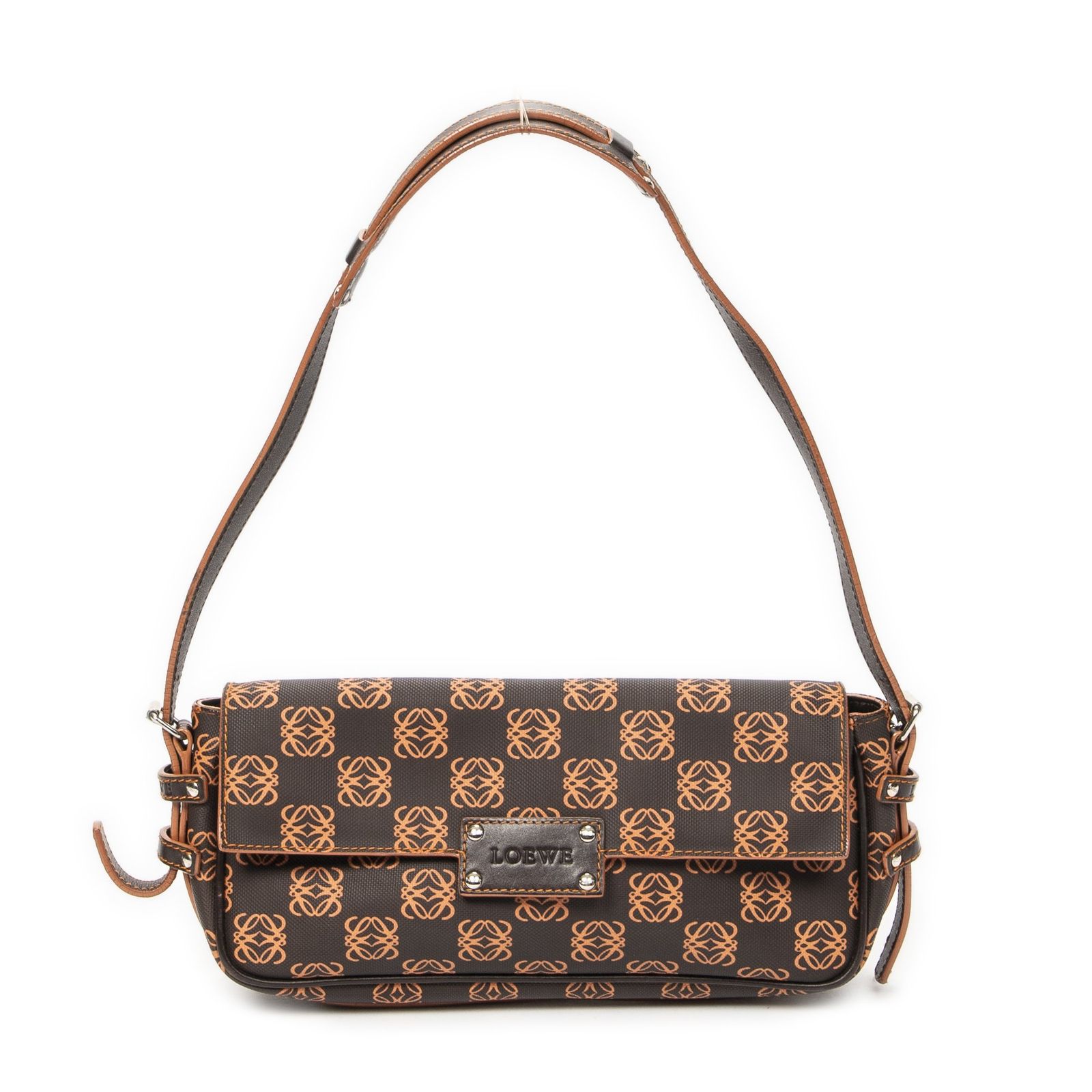 [中古] LOEWE ロエベフラップショルダーバッグ茶色、オレンジアナグラム PVCキャンバスAB