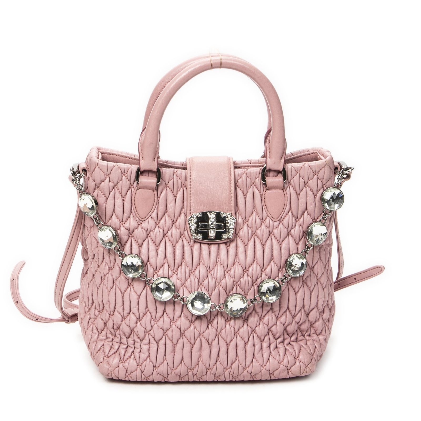 [中古] MIU MIU ミュウミュウクリスタルトップハンドルトートピンクナッパマトラッセレザーA